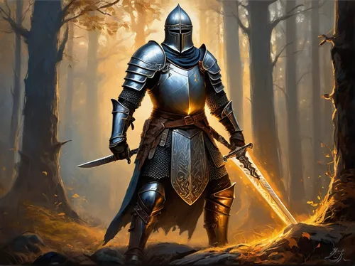 fantasy sword, Swornbreaker blade, intricate engravings, glowing runes, steel and obsidian materials, leather-wrapped hilt, ancient weapon, held by a knight in armor, standing pose, determined express