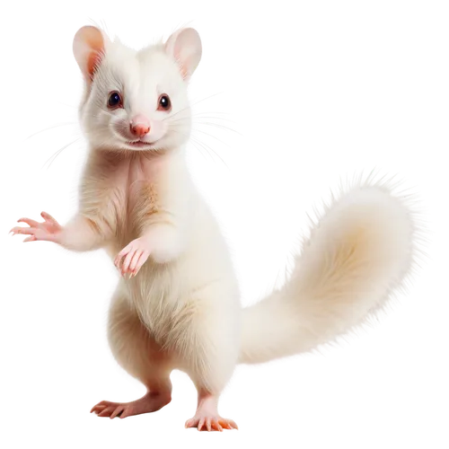 Albino skunk, white fur, pink nose, cute expression, standing on hind legs, front paws together, sweet eyes, soft whiskers, fluffy tail, shiny fur, morning light, 3/4 composition, shallow depth of fie