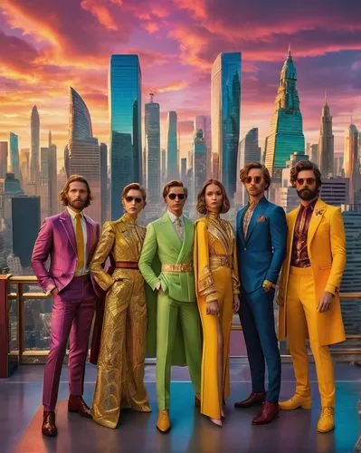 Wes Anderson style, The Avengers team, group shot, standing back to back, intricate detailed costumes, colorful textures, ornate accessories, retro futuristic vibe, cityscape background, towering skys