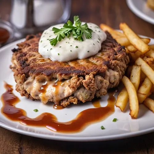 85mm vibrant food photo of a chicken fried steak on a plate on a table at a restaurant.,chicken fried steak,schnitzel with fries,chicken schnitzel,veal steak,schnitzel,frikadeller,salmon burger,potato