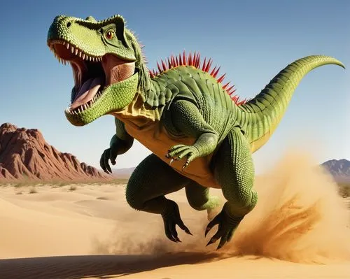 Dino, green scaly skin, sharp teeth, energetic pose, jumping action, mid-air suspension, dynamic motion blur, sunny desert background, sandy dunes, multiple cacti obstacles, low-angle shot, vibrant co