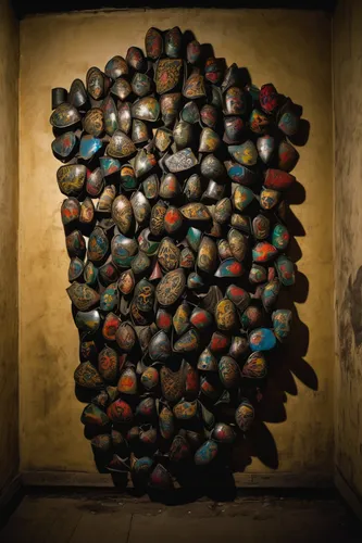 colored stones,wine cellar,catacombs,stone lamp,mesoamerican ballgame,christopher columbus's ashes,stone ball,wine barrels,bottle caps,amphora,wine barrel,chambered cairn,wall lamp,stacking stones,soldier's helmet,climbing helmets,bottle corks,ancient singing bowls,gumball machine,wooden balls,Unique,3D,Modern Sculpture