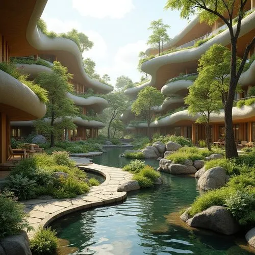 futuristic landscape,fallingwater,ecotopia,futuristic architecture,floating islands,waterside,biomes,virtual landscape,greenforest,terraformed,riverworld,topia,streamwood,mushroom landscape,fantasy landscape,arcology,environments,zen garden,render,cartoon forest,Photography,General,Realistic