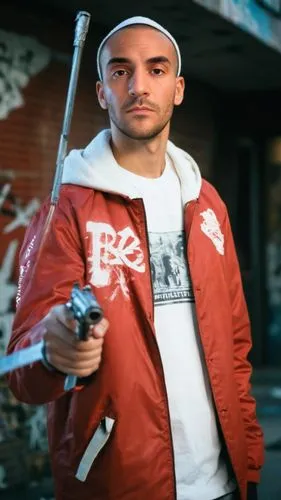 Male  adult wearing a red jacket and white hat holding a weapon, urban city environment, Grunge style, red and white graffiti, realistic,,kapparis,kaňky,mnohobarvý,podjavorník,alpha,bílý květ,spevavý,