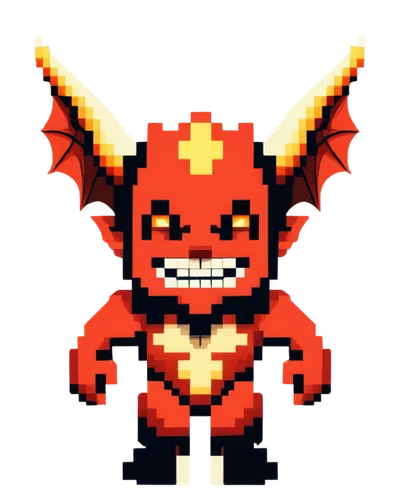 Horned devil, red skin, muscular build, menacing grin, sharp teeth, pointed ears, bat-like wings, pitchfork, flames, hellish background, low-key lighting, close-up shot, dramatic composition, high con