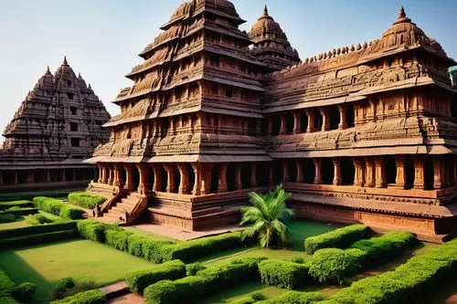 Ancient Indian architecture, Hindu temple, intricate carvings, ornate decorations, vibrant colors, golden accents, idols of gods and goddesses, Garuda statues, Shikhara tower, Mandapa halls, pillars w