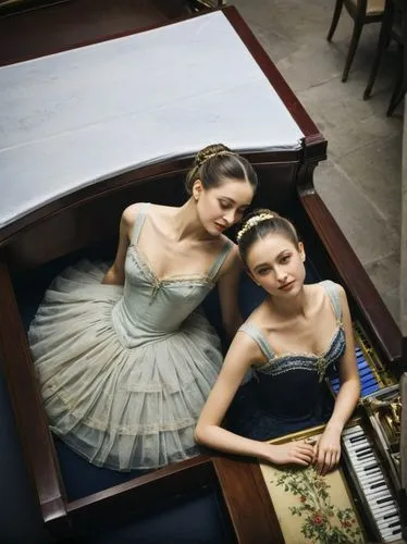 The two Legrand sisters in a Parisian piano bar. It should look as if a French Impressionist, as if Edgar Degas had painted the whole scene.,two girls in a musical instrument pose for a po,mariinsky,p