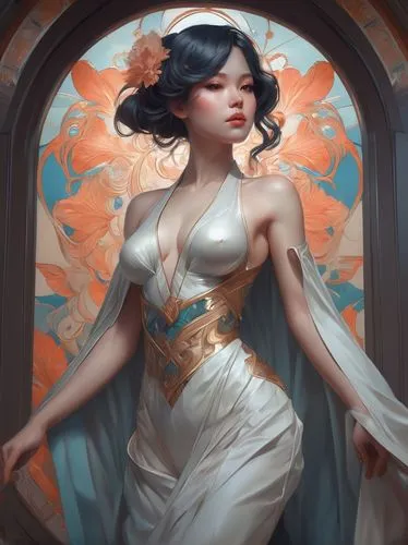 fantasy portrait,baroque angel,overpainting,sun bride,oriental princess,vestal,persephone,transistor,jasmine blossom,art deco woman,digital painting,xiaofei,neotraditional,amaterasu,estess,cleopatra,jasmine,chun,ozma,qianwen,Conceptual Art,Fantasy,Fantasy 01