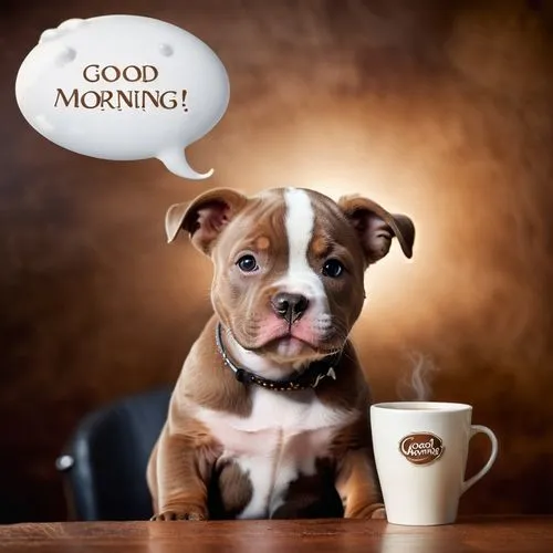 CUTE fluffy pitbull PUPPY is sitting before a coffee cupwith a big speech bubble with the sign " GOOD MORNING "
,make the day great,good morning,coffee background,cute puppy,i love coffee,morning,morn