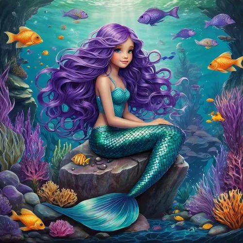 a beautiful mermaid, purple hair and eyes, sitting on a rock, at the bottom of the sea, surrounded by fish, combing her long hair, extremely detailed, delicate details, children's book style,,mermaid 