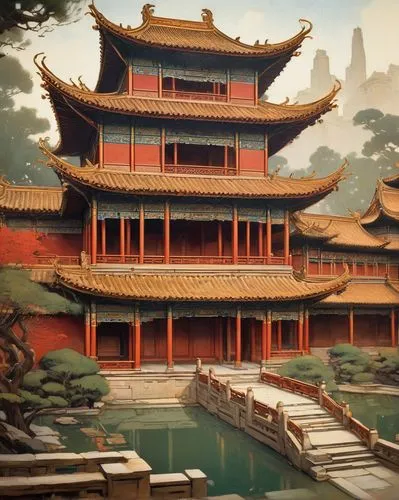 asian architecture,summer palace,jingshan,soochow,oriental painting,hall of supreme harmony,qingcheng,qufu,shuozhou,leshan,the golden pavilion,chaozhou,yenching,guangping,baiul,qingming,linzhou,wuxi,zhaozhou,shaoxing,Illustration,Retro,Retro 03