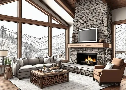 fireplace,alpine style,chalet,fire place,winter house,the cabin in the mountains,ski station,ski resort,coziness,living room,warm and cozy,mountain hut,3d rendering,snow house,cozier,livingroom,family room,coziest,sketchup,modern living room,Illustration,Black and White,Black and White 04