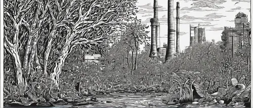 industrial landscape,cartoon forest,birch alley,deforested,brook landscape,refinery,swampy landscape,riparian forest,post-apocalyptic landscape,tree grove,coppice,environment,old-growth forest,urban landscape,sugar plant,the trees,landscape plan,grove of trees,tidal marsh,saplings,Illustration,Black and White,Black and White 27