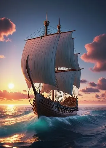 sea sailing ship,sailing ship,sail ship,caravel,longship,viking ship,Illustration,Realistic Fantasy,Realistic Fantasy 19