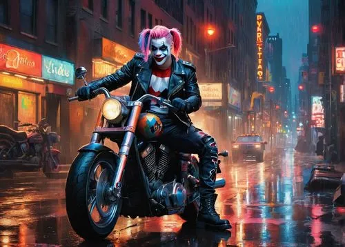 harley,harley quinn,cyberpunk,renegade,biker,motorbike,punk,motorcycle,motorcycles,streampunk,motorcyclist,scooter riding,punk design,scooter,electric scooter,transistor,scooters,red hood,catwoman,world digital painting,Conceptual Art,Oil color,Oil Color 10