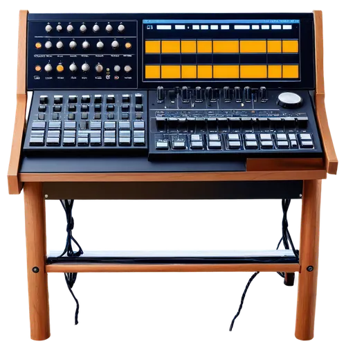 Drum machine, metallic body, LED screen, knobs and buttons, audio cables, wooden drumsticks, dynamic microphone, recording studio, dim lighting, close-up shot, shallow depth of field, warm color tone.