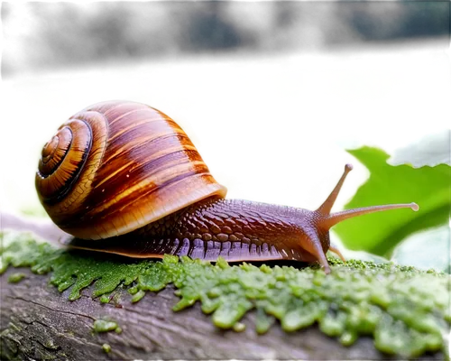 Snail, slimy trail, shell with brown spiral pattern, antennae on head, big round eyes, leaves in background, morning dew, soft natural light, close-up shot, shallow depth of field, vibrant green color