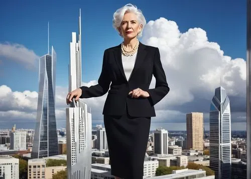 Sarah Whiting, mature lady, elegant pose, standing, white hair, subtle makeup, pearl necklace, black business suit, high heels, holding architectural model, modern skyscraper, glass and steel structur