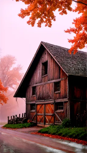 Rustic fall barn, wooden structure, old doors, hayloft, stone foundation, autumn leaves scattered around, vines crawling up walls, worn-out roof tiles, morning fog, soft warm lighting, 3/4 composition