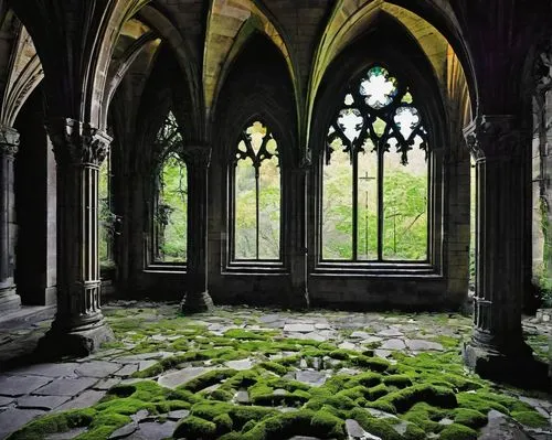 cloisters,cloister,forest chapel,mausoleum ruins,hall of the fallen,crypt,mausoleums,moss landscape,haunted cathedral,mausolea,mausoleum,sepulchres,ossuary,ruins,empty interior,sanctuary,margam,forest cemetery,sunken church,cloistered,Art,Artistic Painting,Artistic Painting 42