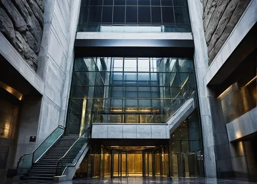 Modern skyscraper, urban cityscape, sleek glass facade, metallic frame, imposing stone walls, grand entrance staircase, revolving doors, security cameras, restricted access signs, metal detectors, con