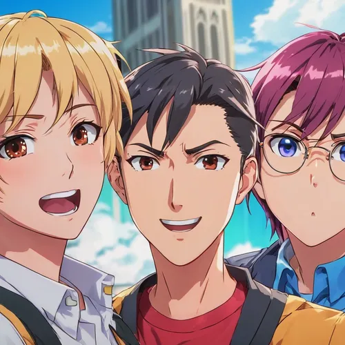 group photo,anime cartoon,boyfriends,beautiful frame,sightseeing,citrus,glasses glass,tsumugi kotobuki k-on,kawaii children,hero academy,trio,students,three d,loud crying,four seasons,four o'clock family,them,with glasses,sphere,would a background,Illustration,Japanese style,Japanese Style 03