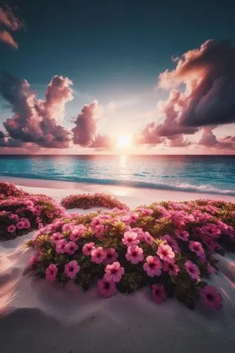 flower in sunset,pink beach,full hd wallpaper,sea of flowers,pink dawn,beautiful beaches,flowerful desert,beautiful beach,splendor of flowers,hawaii,dream beach,splendid colors,tropical bloom,coral pink sand dunes,tropical flowers,sea carnations,beach landscape,ocean paradise,sunrise beach,tropical beach