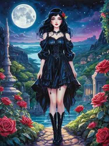 gothic dress,gothic woman,fantasy picture,blue moon rose,belladonna,queen of the night,Unique,3D,Isometric