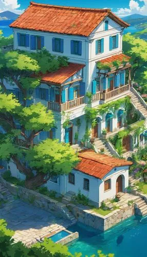 A arge two-story greek house building in a peaceful green landscape .,seaside resort,house by the water,beachfront,butka,ghibli,oceanfront,holiday villa,resort,harborfront,apartment complex,aqua studi