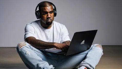 Kanye West, Reddit founder, sitting, relaxed posture, casual wear, white shirt, ripped jeans, Adidas sneakers, bold facial expression, confident gaze, headphones around neck, laptop on lap, modern min