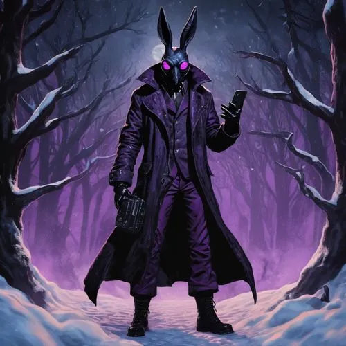 dodge warlock,pagan,twitch icon,wall,rorschach,jackal,purple background,king of the ravens,krampus,undead warlock,purple wallpaper,overcoat,grimm reaper,hooded man,jack rabbit,glory of the snow,assassin,dark suit,jackrabbit,would a background,Illustration,Realistic Fantasy,Realistic Fantasy 47