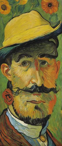 vincent van gough,vincent van gogh,post impressionist,post impressionism,painting technique,self-portrait,italian painter,winemaker,artist portrait,beard flower,vendor,glass painting,braque francais,pierre,meticulous painting,face portrait,leonardo,yellow sun hat,handlebar,detail,Illustration,Paper based,Paper Based 10