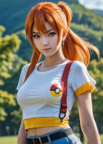 Misty Pokemon anime, yellow crop top, suspenders, orange hair, side ponytail, looking at viewer, serious, smirk, medium shot,
standing, outside, park, trees, autumn, blue sky, holding a pokeball, extr