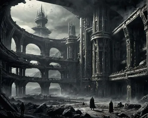 ruin,ruins,destroyed city,hall of the fallen,desolation,post-apocalyptic landscape,dark world,the ruins of the,necropolis,haunted cathedral,lost place,ancient city,desolate,coliseum,apocalyptic,lostplace,post apocalyptic,ghost castle,post-apocalypse,wasteland,Conceptual Art,Fantasy,Fantasy 33