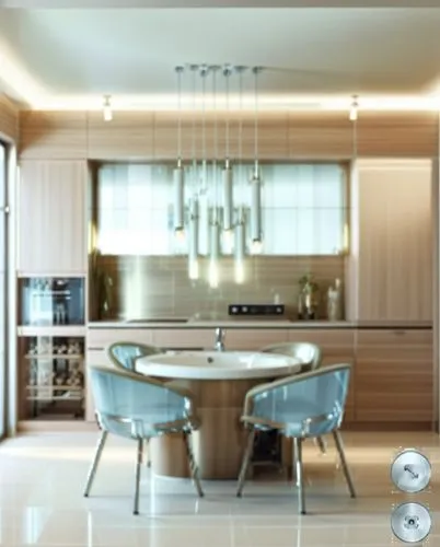 Create the interior of the kitchen of the future in high-tech style. Use neon accents and shiny materials such as chrome, glass and metallic. Keep the space high-tech and minimalist, with sleek surfac