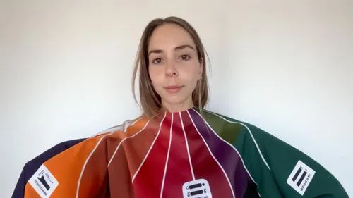 respect the pantone colors and suit the body flat white background,an image of woman with colorful clothing all around her neck,beanpole,jogbra,vuvuzela,hexahedron,greenscreen,marimekko