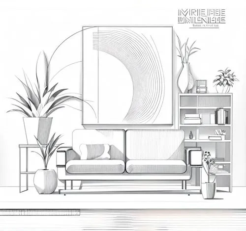 an outline drawing of a living room with sofa, plant and bookcase,wireframe graphics,biotope,floorplan home,orthotropic,houses clipart,showhouse,Design Sketch,Design Sketch,Fine Line Art