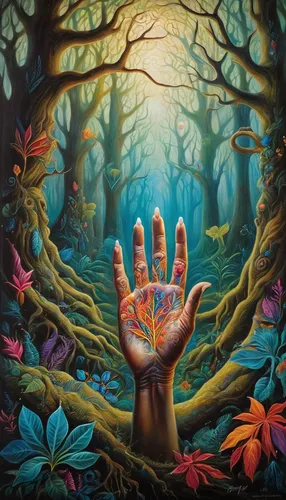 Create a vibrant artwork featuring a majestic hand in a mystical forest.,praying hands,psychedelic art,the hands embrace,buddha's hand,enchanted forest,forest of dreams,palm of the hand,shamanism,chil