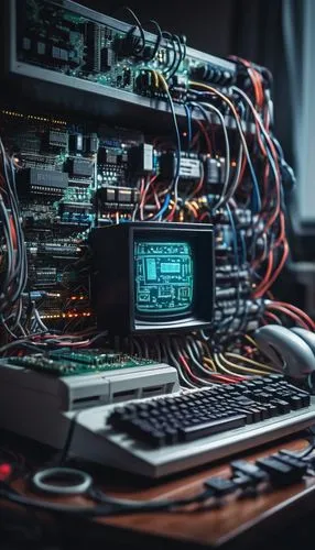 NES architecture, retro, 8-bit, nostalgic, pixel art, detailed circuit board, microprocessor, CPU, RAM, ROM, cartridge slot, controllers, wires, metal casing, vents, buttons, LED lights, old computer 