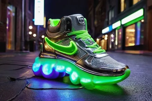 Futuristic sneakers, high-top, metallic silver, neon green accents, LED lights, mesh panels, glossy finish, chunky sole, bold laces, reflective strips, urban cityscape, nighttime, wet pavement, street