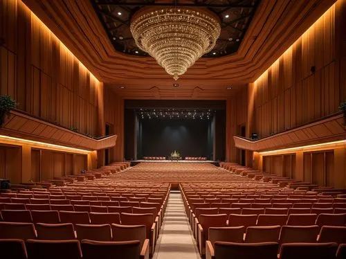 Elegant auditorium interior, ornate wood paneling, curved lines, geometric shapes, luxurious textiles, plush seating, grand chandeliers, sophisticated lighting systems, acoustic soundproofing material