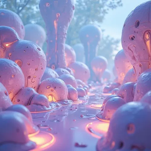 mushroom landscape,cinema 4d,lava balls,3d render,marshmallows,3d rendered,render,3d fantasy,amination,marshmallow art,cartoon forest,volumetric,forest mushrooms,frost bubble,slimes,light effects,embers,blender,mushroom island,fairy forest