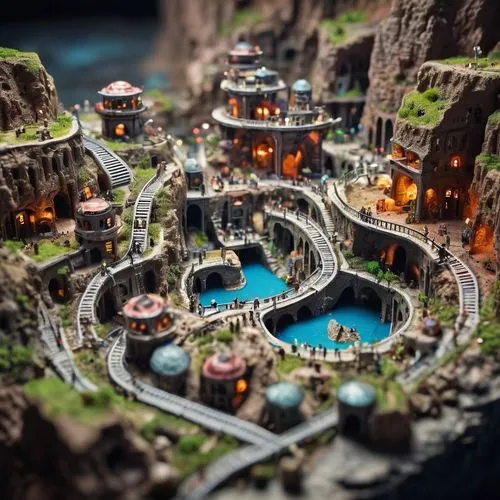 popeye village,underwater playground,tilt shift,escher village,seaside resort,artificial island,alpine village,floating islands,fantasy city,3d fantasy,artificial islands,fairy village,resort town,mini golf course,island suspended,tiny world,holiday complex,floating island,model railway,miniature golf,Unique,3D,Panoramic