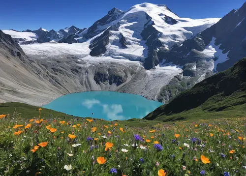 Describe a peaceful morning at Monte Rosa Hut, surrounded by blooming wildflowers.,the valley of flowers,alpine meadow,morteratsch glacier,the pitztal glacier,alpine flowers,gorner glacier,alpine lake