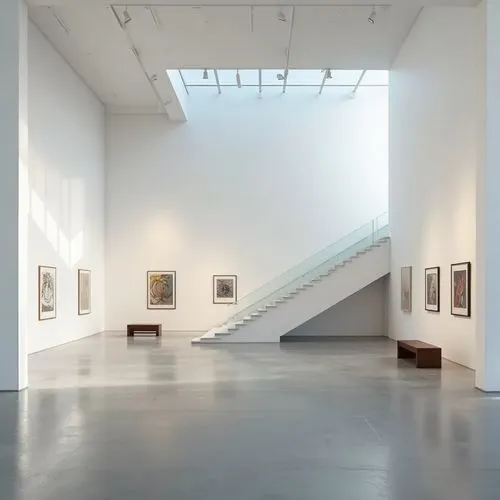 Museum interior, minimalist style, empty space, high ceiling, white walls, grey floor, modern staircase, few exhibits, spotlights, natural light, afternoon, gentle shadows, subtle reflections, simple 