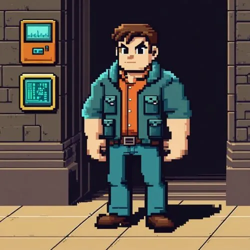 retro styled,kaneda,pixel art,rebgun,janitor,warehouseman,switchman,utilityman,brock,pixelgrafic,foreman,plumber,megaman,engi,shopkeeper,game character,retro style,mechanic,escapists,protagonist