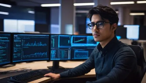 Architectural design, software engineering wiki, modern office interior, futuristic decorations, minimalist desk, multiple monitors, ergonomic chair, male programmer, bespectacled, short black hair, c