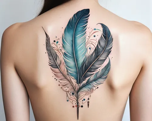 Design an elegant neo-tribal tattoo with flowing lines, feathers, and watercolor elements.,feather,feathers,feather jewelry,color feathers,tattoo,bird feather,with tattoo,lotus tattoo,bird wings,limen