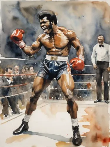 James Brown as muscle-man, as boxer (with athleticism personality), winning at the boxing match (on the bout stage). watercolor, high resolution, 1970s-inspired painting art.,mohammed ali,muhammad ali