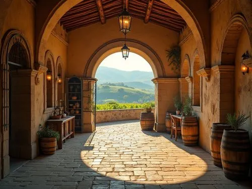 Ancient winery, rustic archways, Romanesque columns, curved barrel vaults, stone walls, terracotta roofs, lush vineyards, rolling hills, sunny Tuscany landscape, warm golden lighting, soft focus, shal